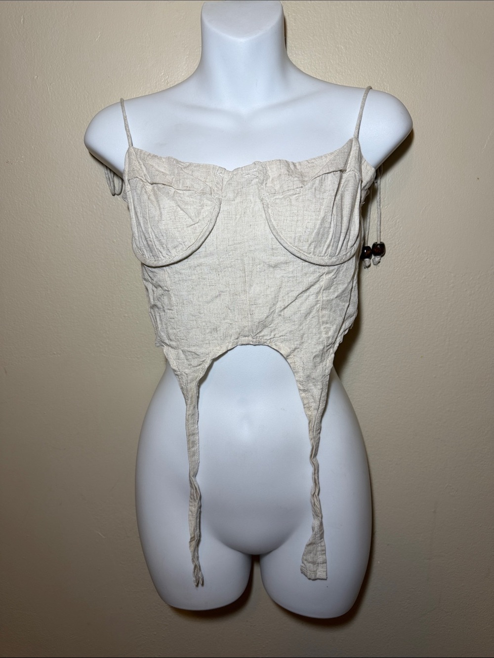 PrettyLittleThing Beige Linen Corset-Style Crop Top